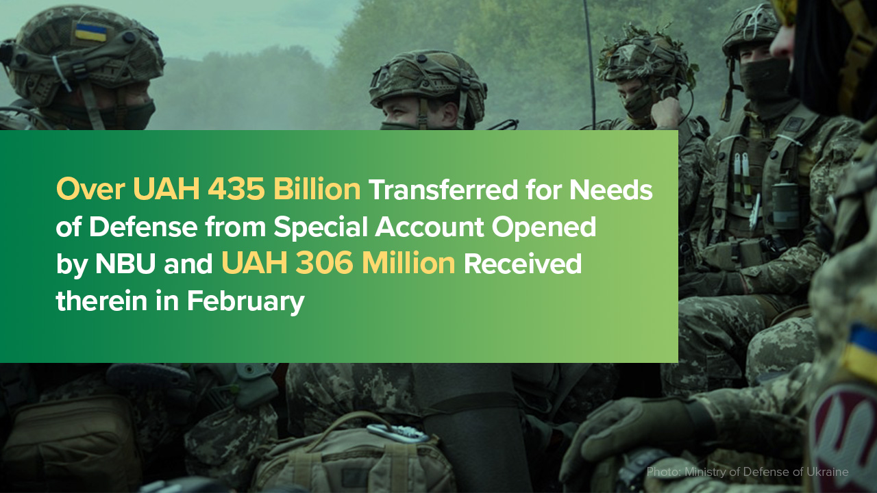 Over UAH 435 Billion Transferred for Needs of Defense from Special Account Opened by NBU and UAH 306 Million Received therein in February